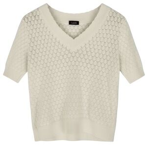 KappAhl Swedish Brand Ivory Open Knit XL Cotton V-Neck Short Sleeve Textured Top